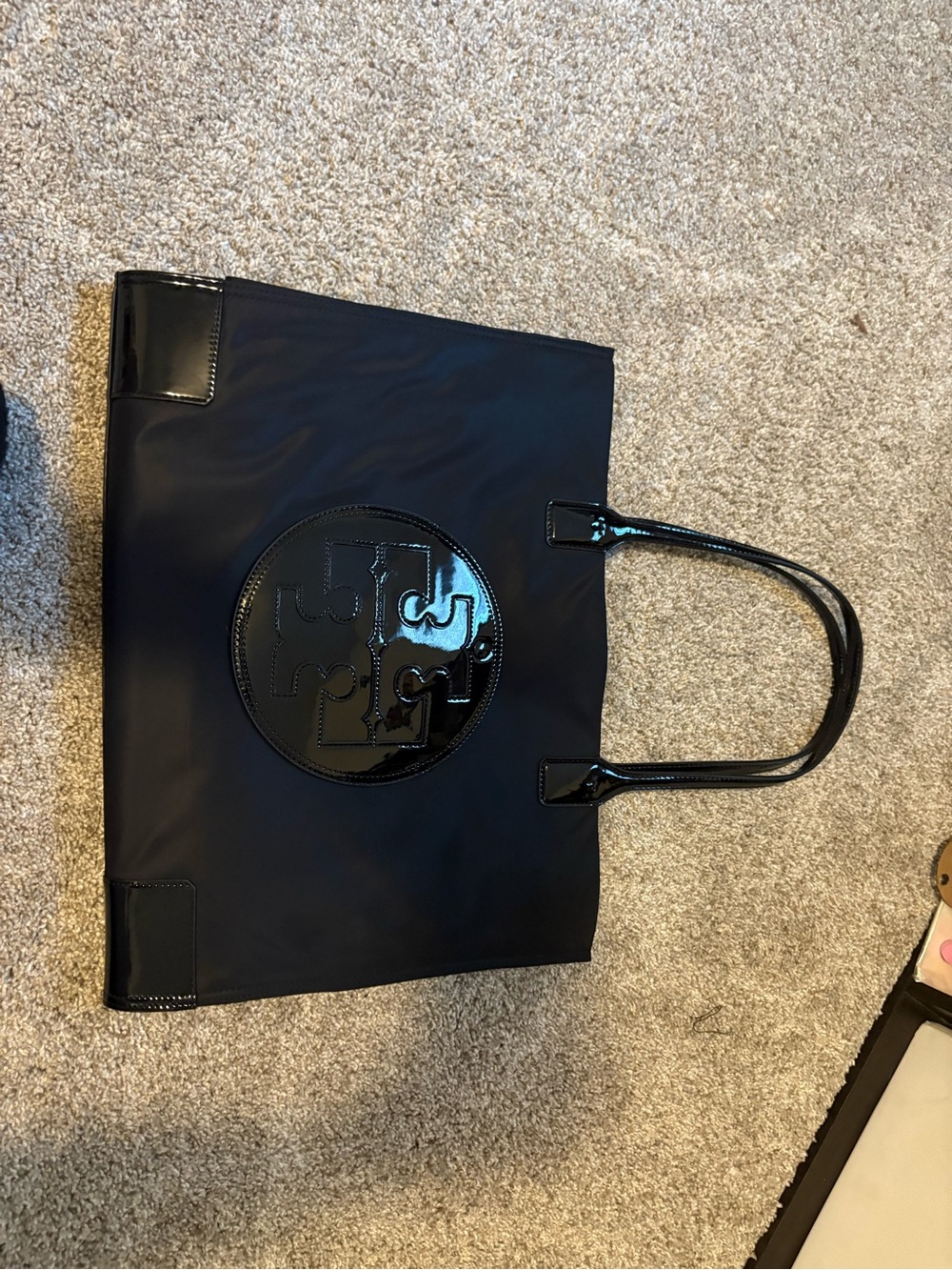 Tory Burch Black Nylon Tote with Patent Logo